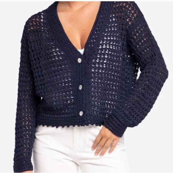 VINCE Crochet Cardigan Sweater Womens 3X Navy Blue Organic Cotton Button Front - Picture 2 of 16